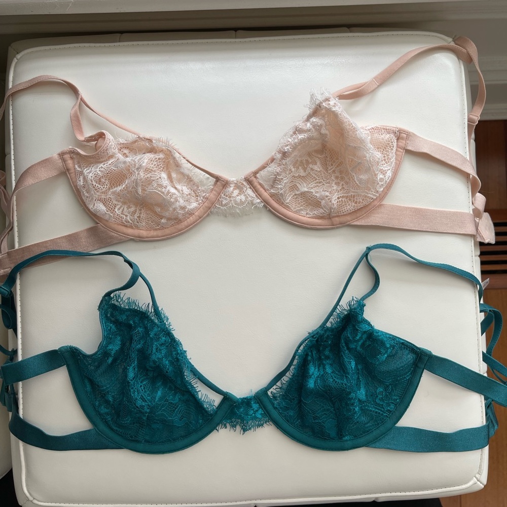 Two underwire bralettes (pink+white and turquoise/emerald green)